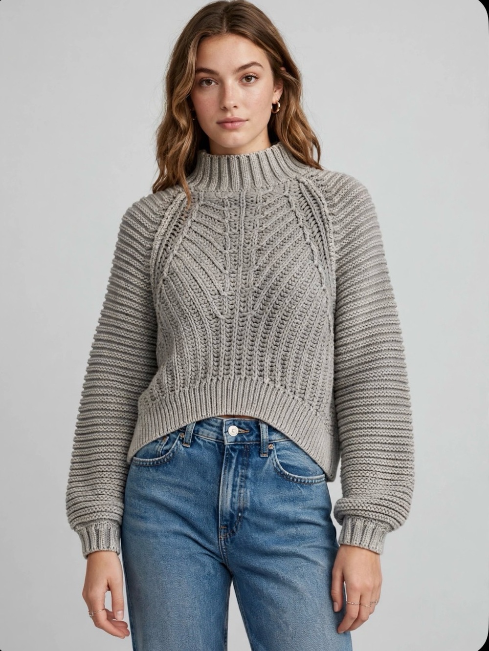 Free People Heather Gray Cable Knit Mock Neck Sweater